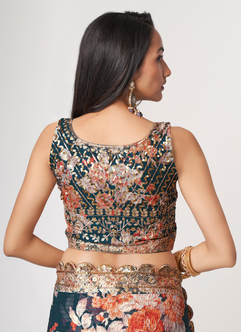 Peacock Blue Organza Sequins Saree