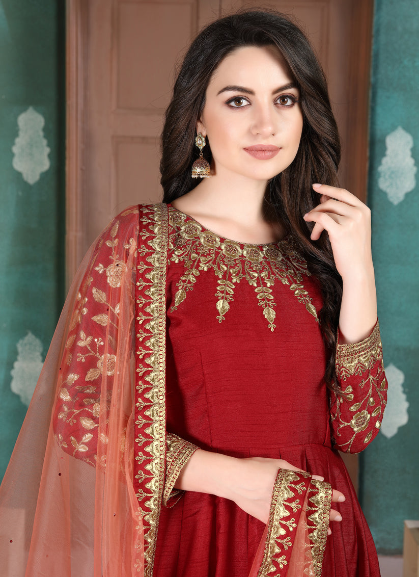 Rust Red Silk Slub Embroidered Anarkali Suit