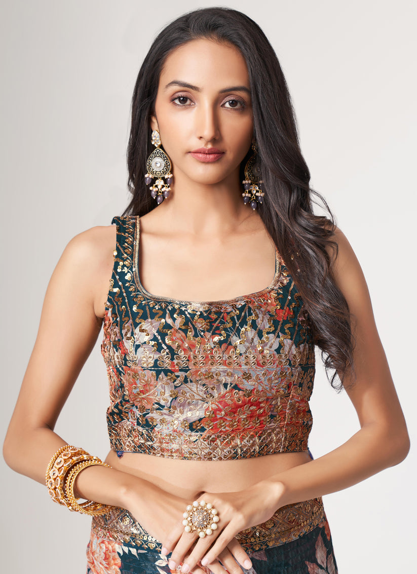 Peacock Blue Organza Sequins Saree