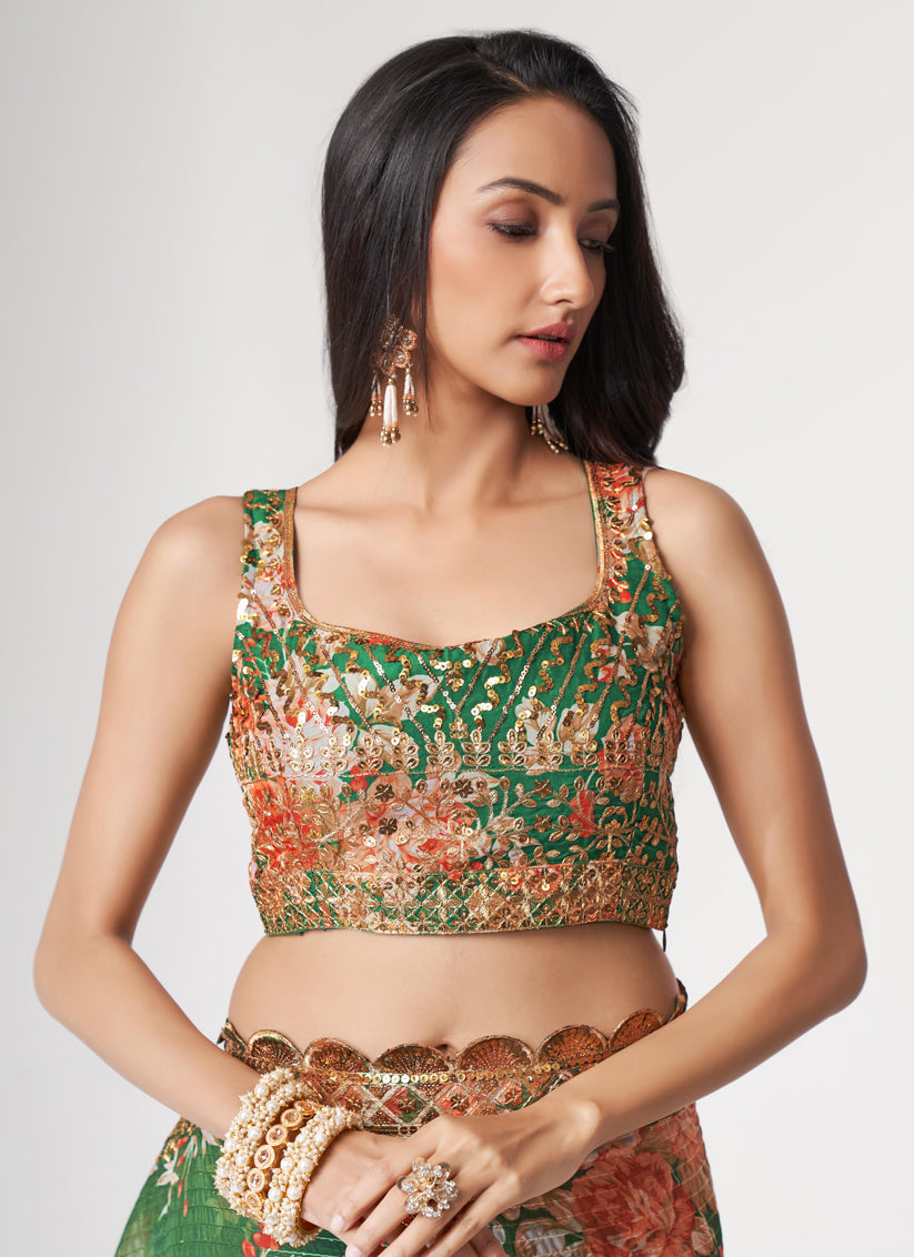 Forest Green Organza Sequins Saree