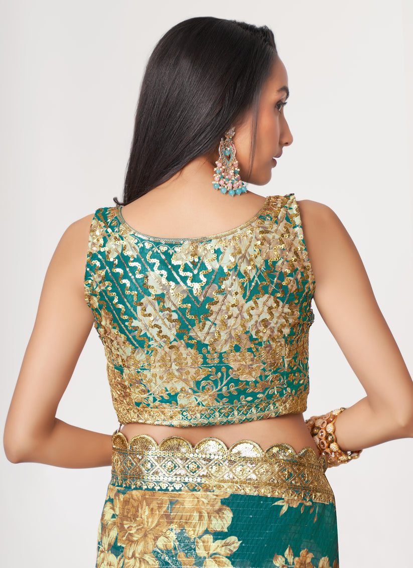 Teal Green Organza Sequins Saree