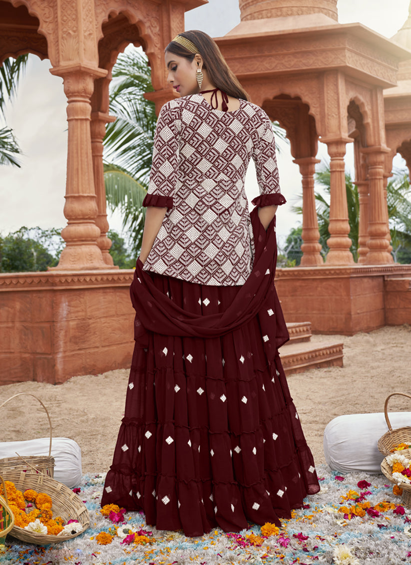 Maroon Georgette Embroidered Lehenga Kameez