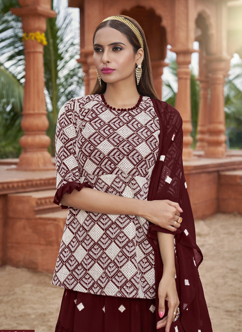 Maroon Georgette Embroidered Lehenga Kameez