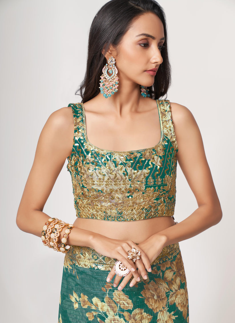 Teal Green Organza Sequins Saree