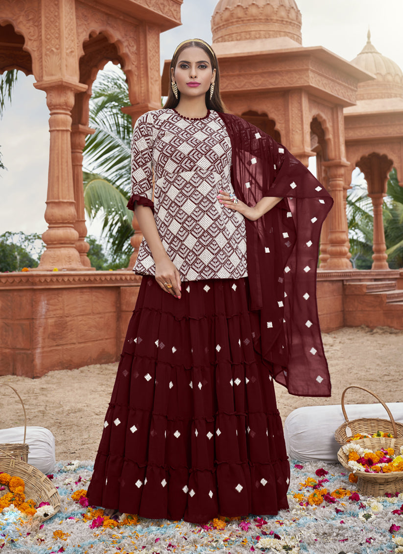 Maroon Georgette Embroidered Lehenga Kameez