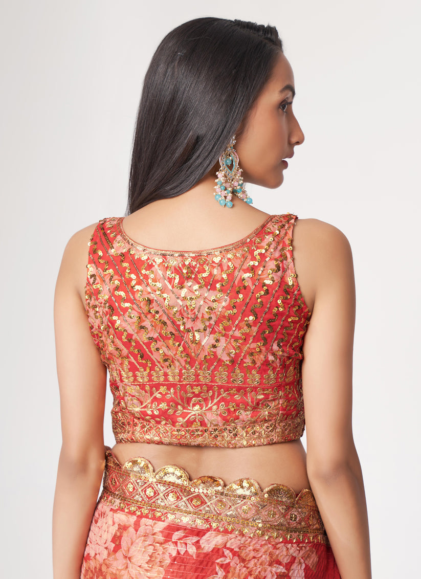 Hot Red Organza Sequins Saree