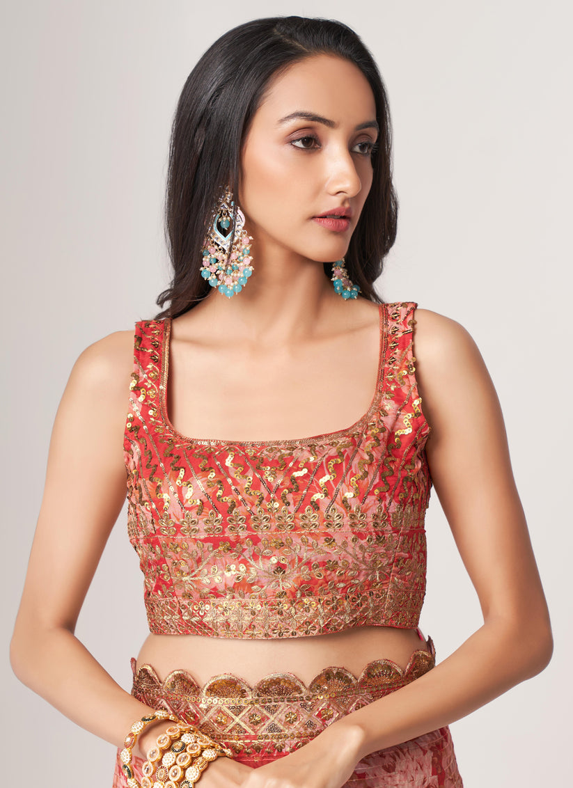 Hot Red Organza Sequins Saree