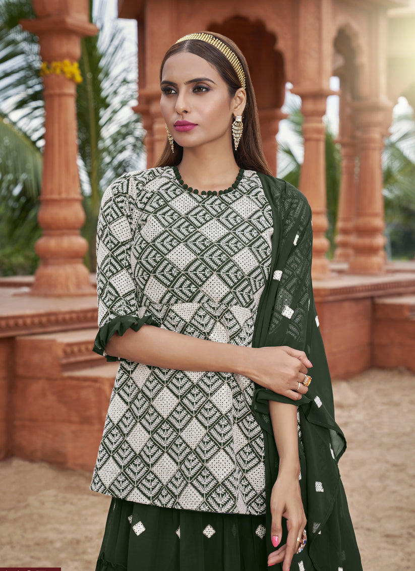 Forest Green Georgette Embroidered Lehenga Kameez