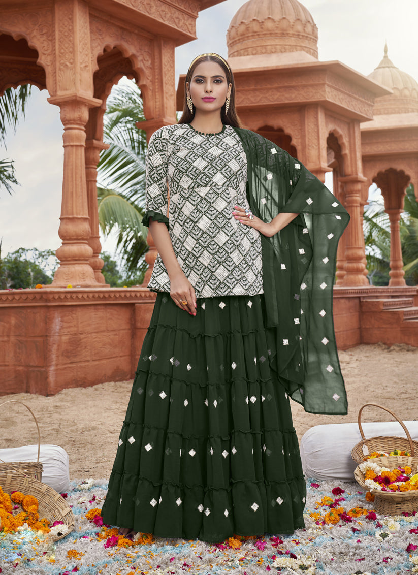 Forest Green Georgette Embroidered Lehenga Kameez