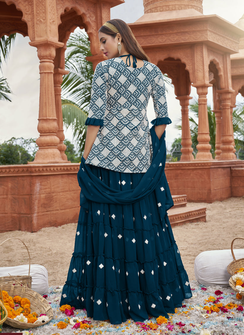 Prussian Blue Georgette Embroidered Lehenga Kameez