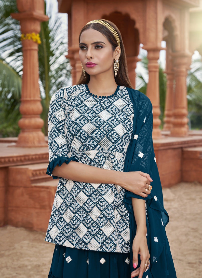 Prussian Blue Georgette Embroidered Lehenga Kameez