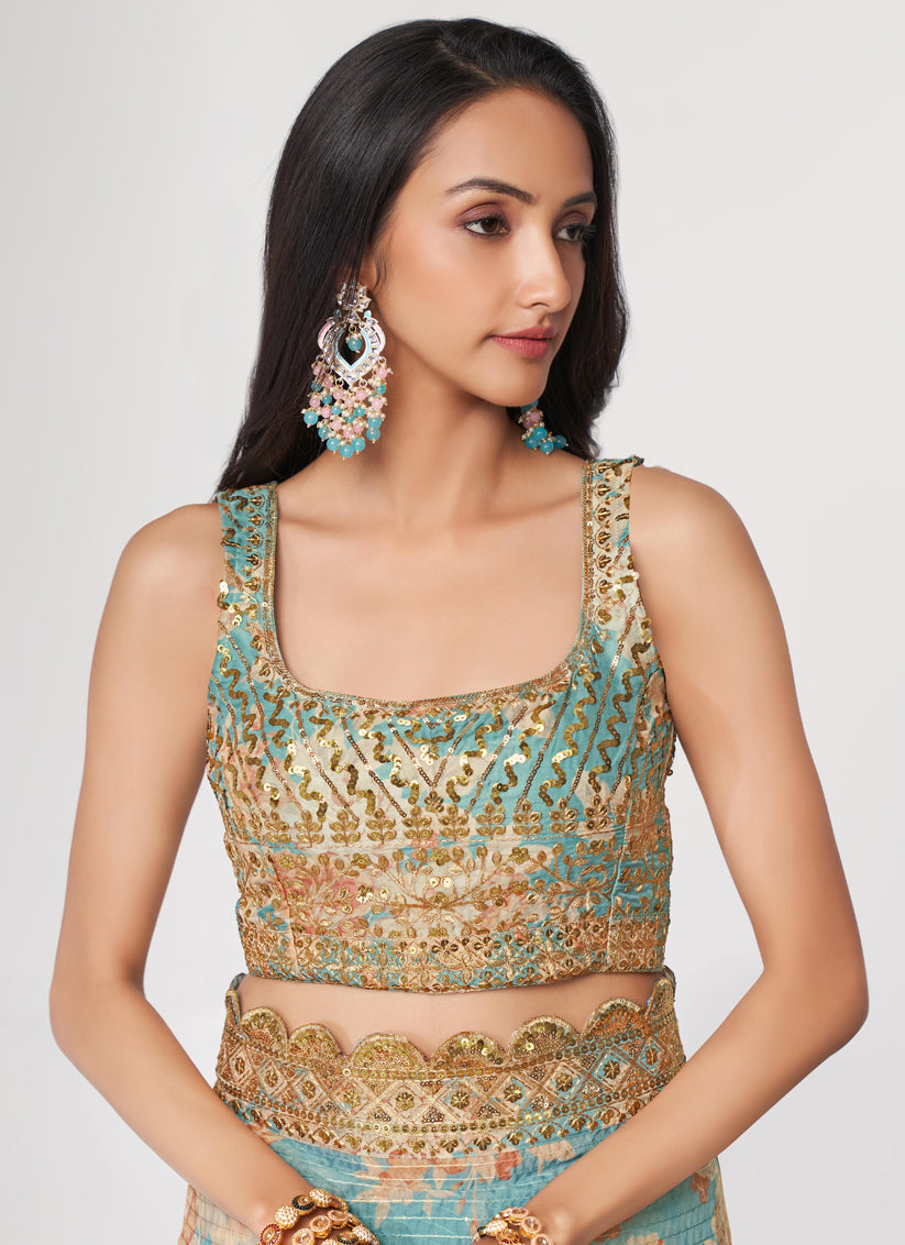 Aqua Blue Organza Sequins Saree