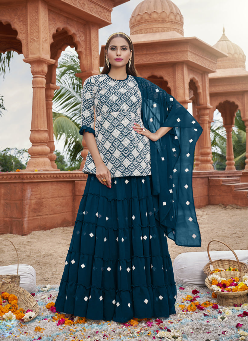 Prussian Blue Georgette Embroidered Lehenga Kameez