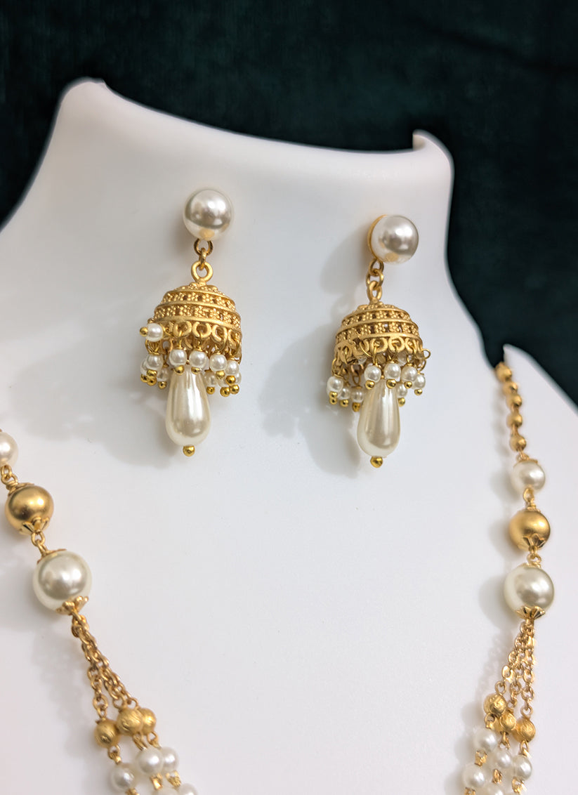 Gold Plated 3 String Pearl Necklace Set