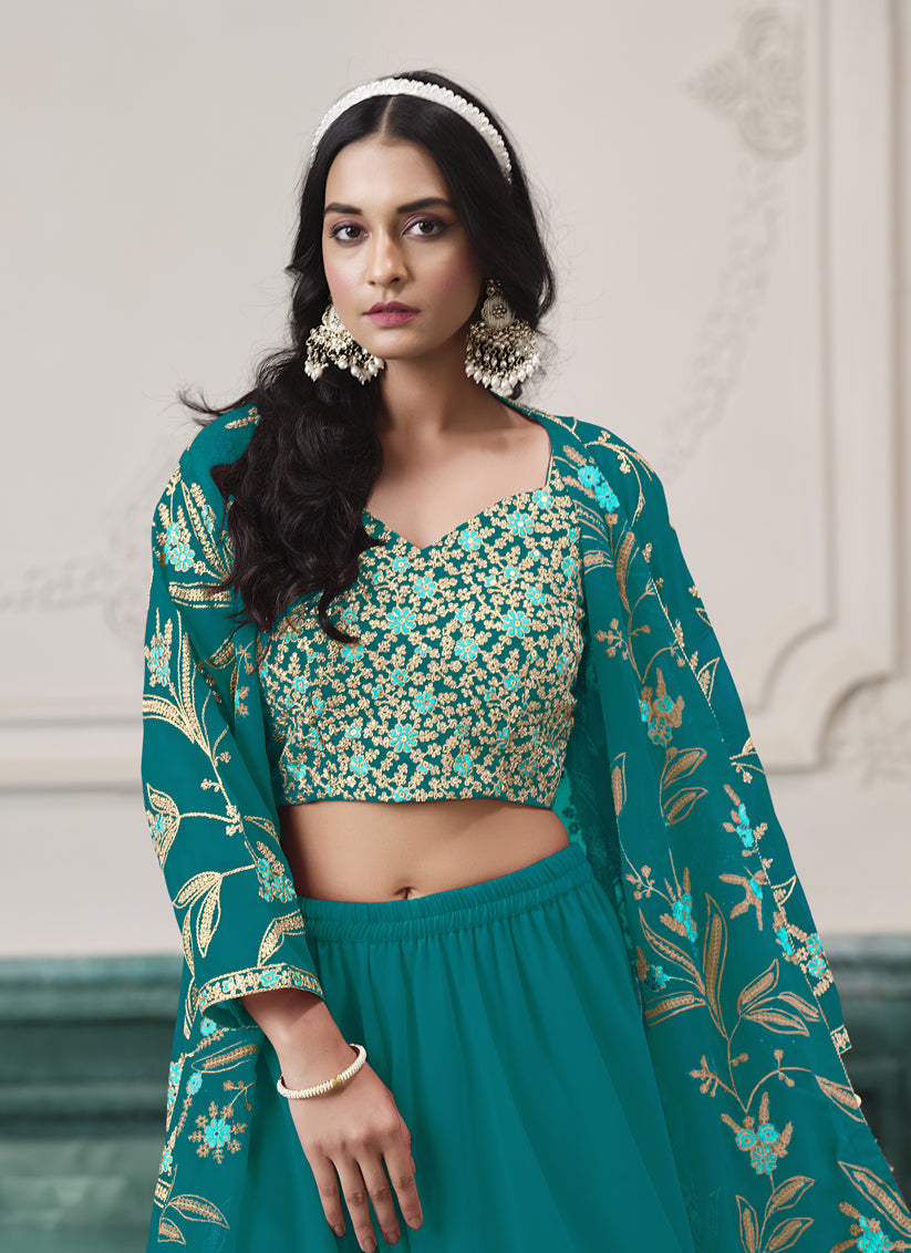 Rama Green Faux Georgette Embroidered Readymade IndoWestern
