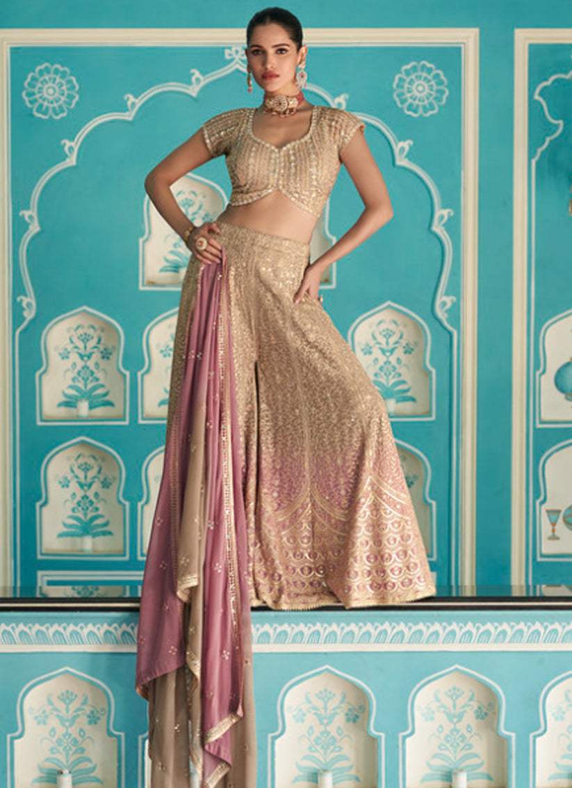 Golden Beige Floral Embroidered U-Neck Sequined Designer Crop Top, Sharara Set & Dupatta