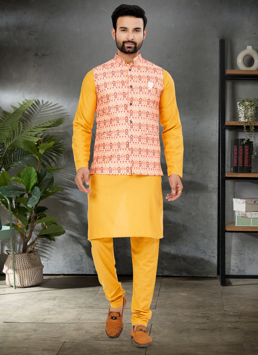 Yellow Cotton Mens Kurta Pajama Set With Jacket
