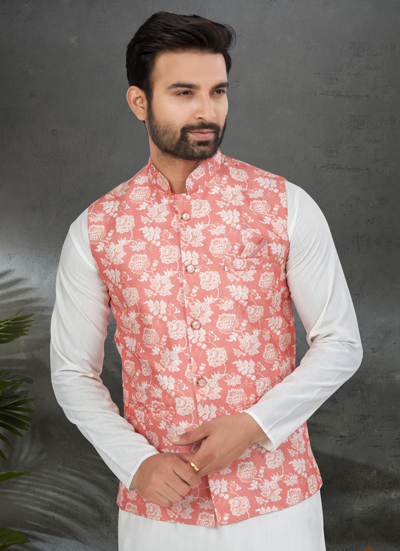 White Cotton Mens Kurta Pajama Set With Jacket
