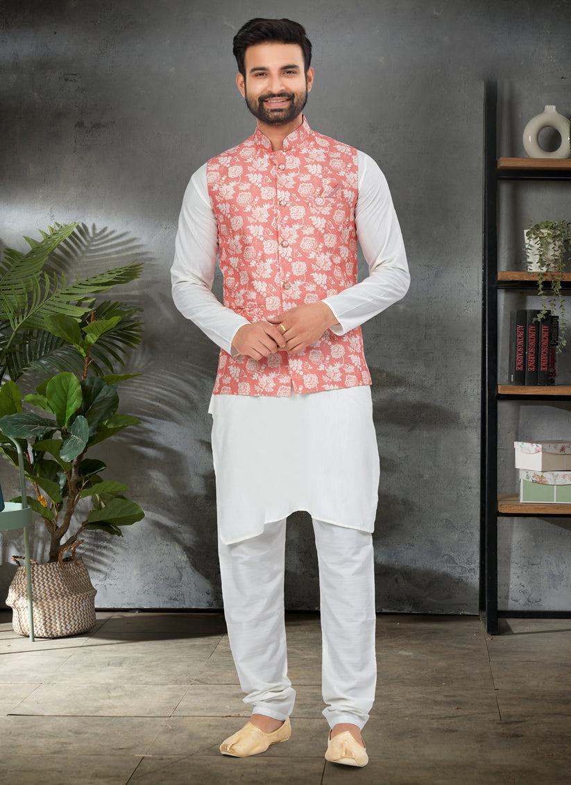 White Cotton Mens Kurta Pajama Set With Jacket