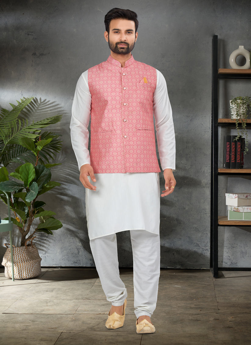 White Cotton Mens Kurta Pajama Set With Jacket