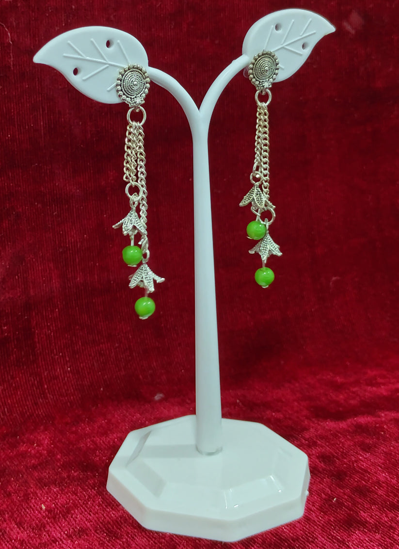 Green Oxidised Pearl Long Earrings