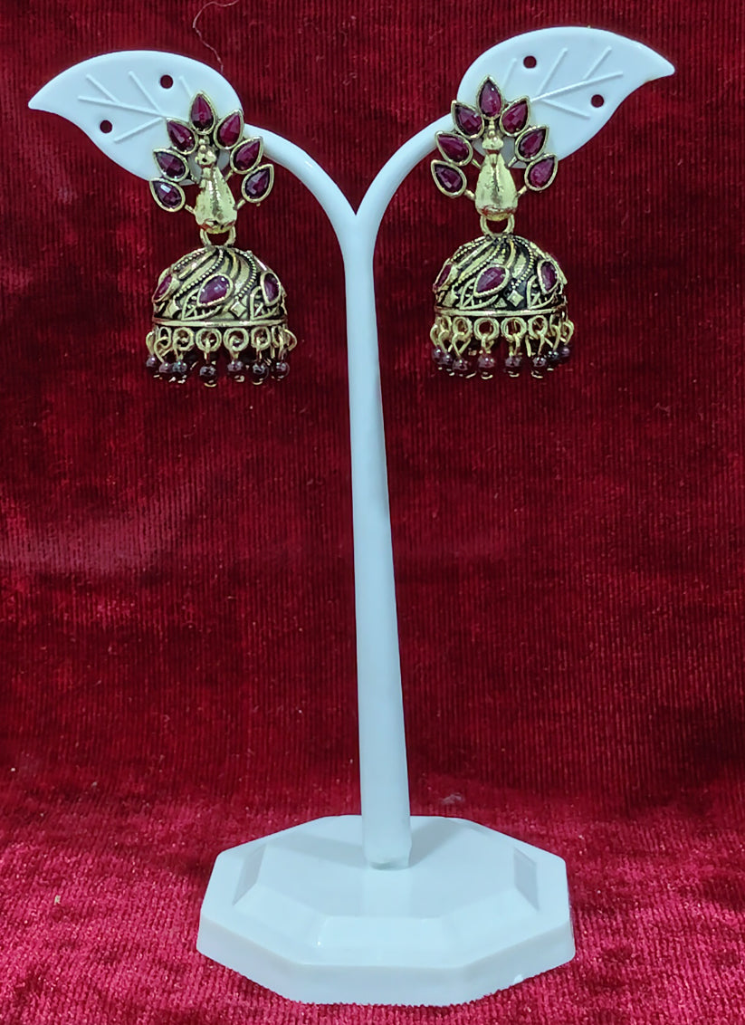Maroon Peacock Jhumka Earrings