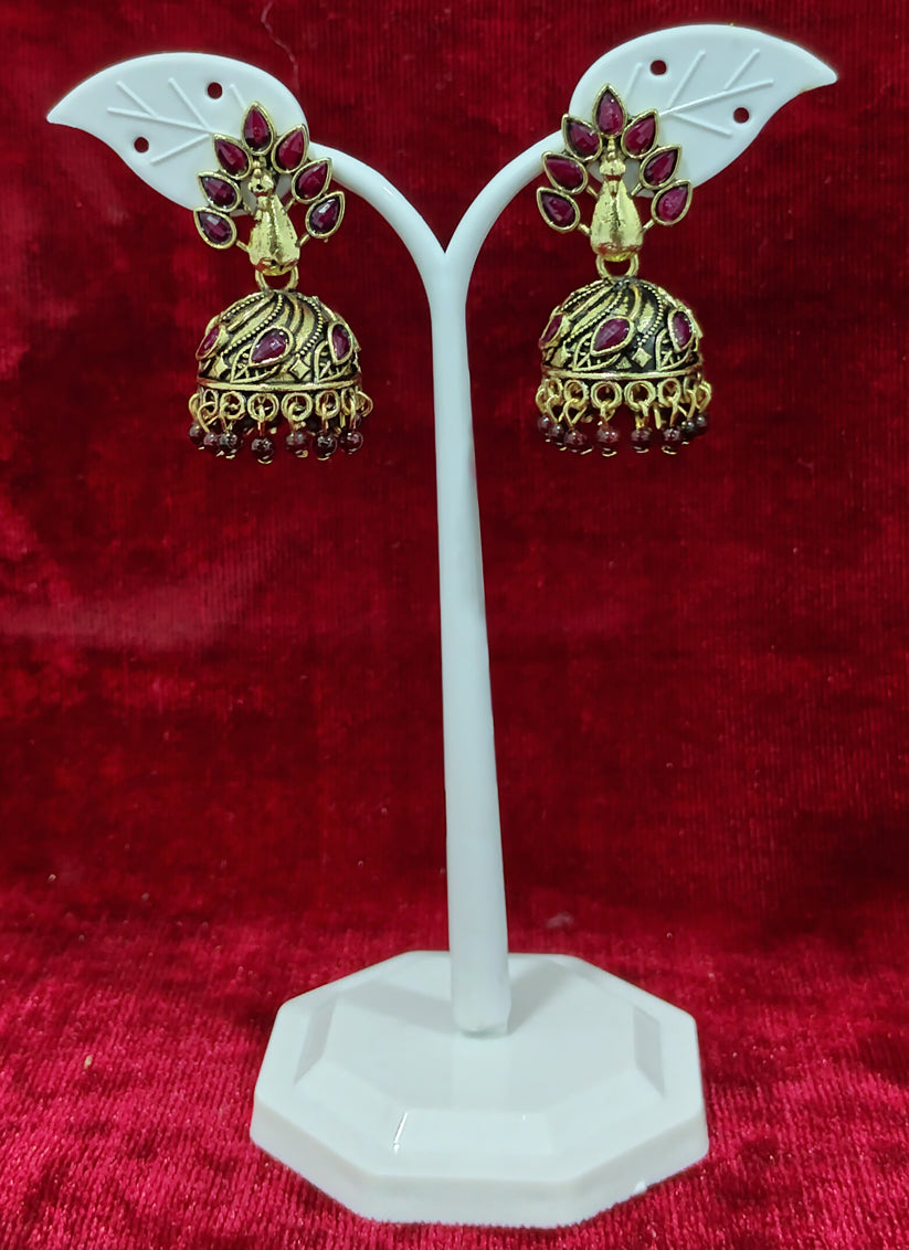 Maroon Peacock Jhumka Earrings