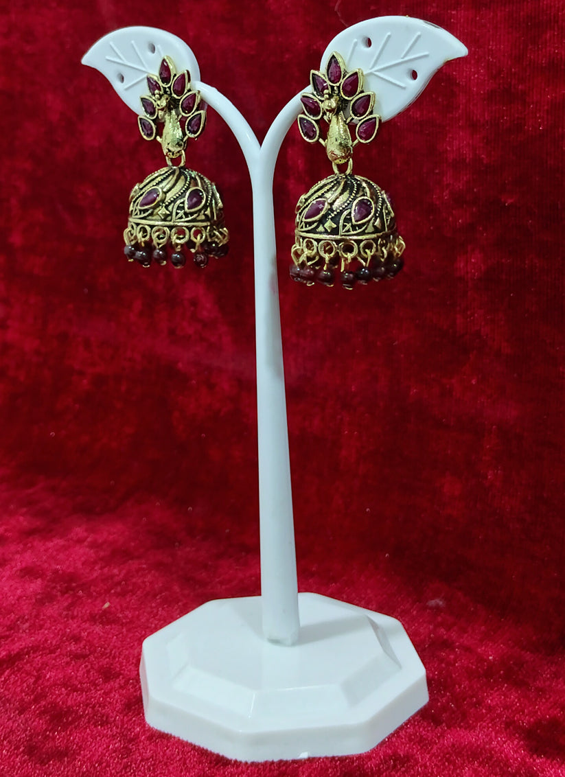 Maroon Peacock Jhumka Earrings