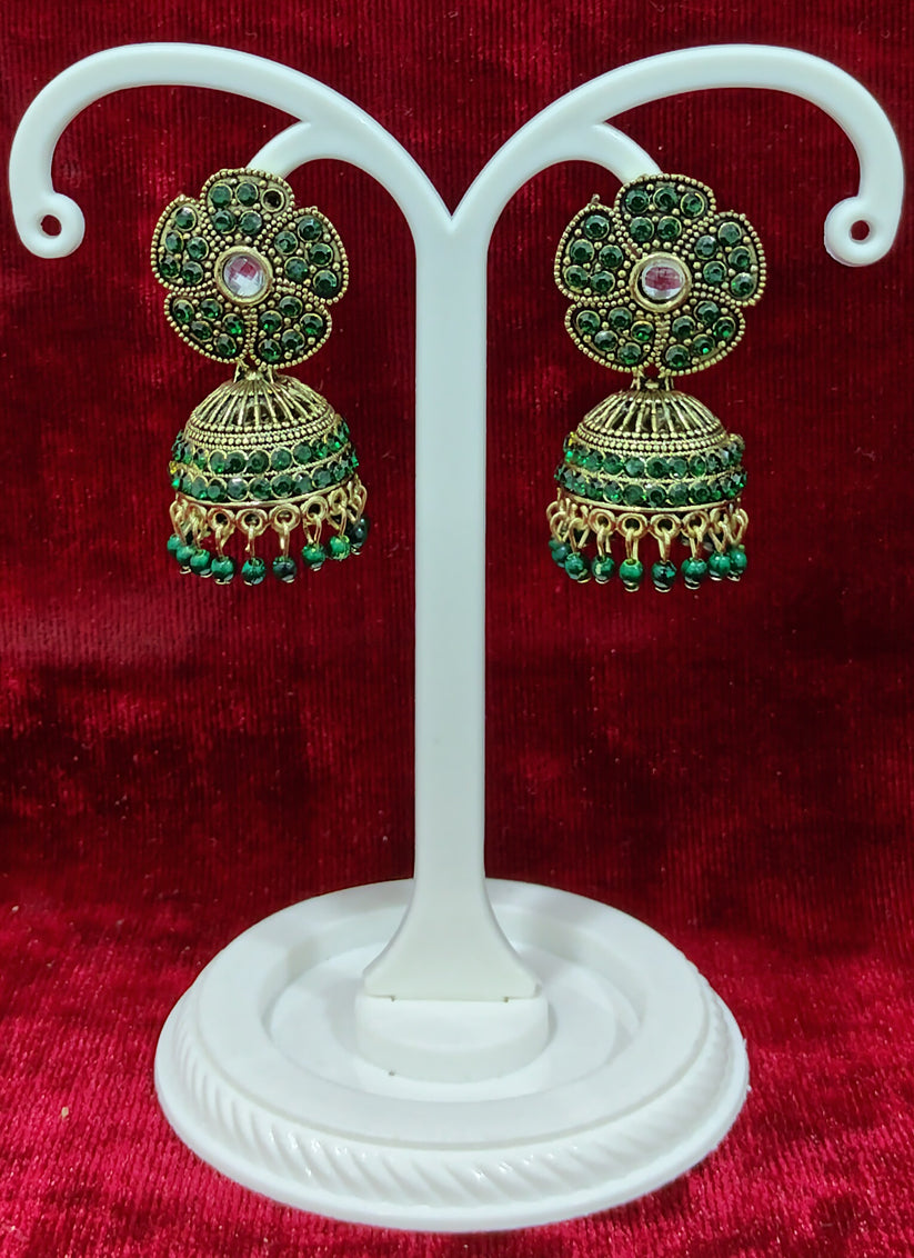 Green Heavy Jhumka Earrings