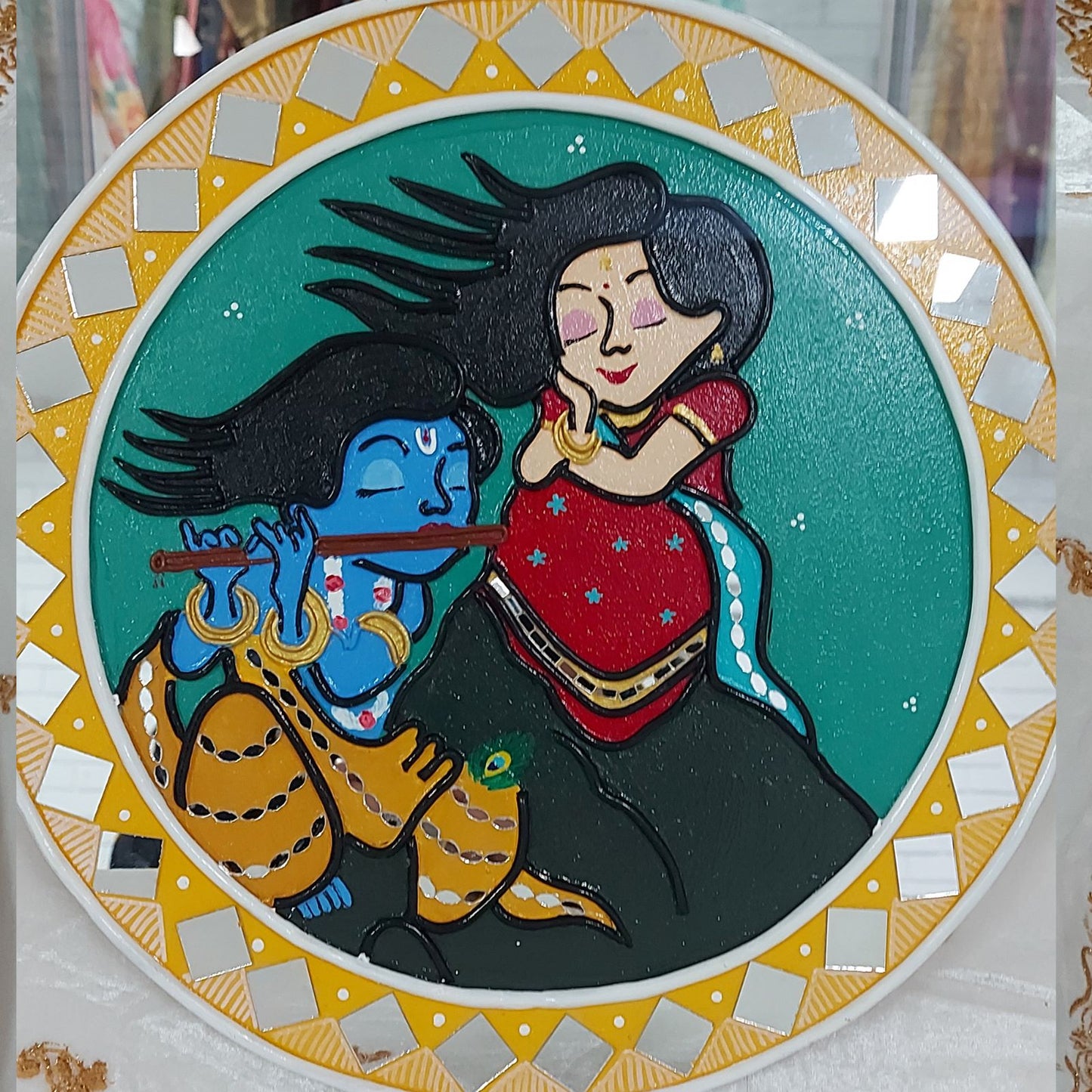Set of 2 - Cute Radhe Krishna Lippan Art Wall Plate