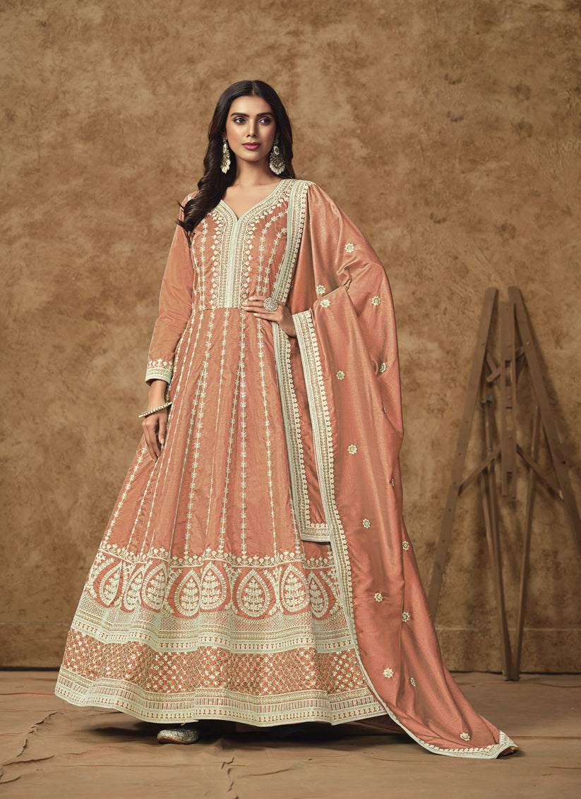 Salmon Orange Dola Silk Embroidered Gown with Dupatta