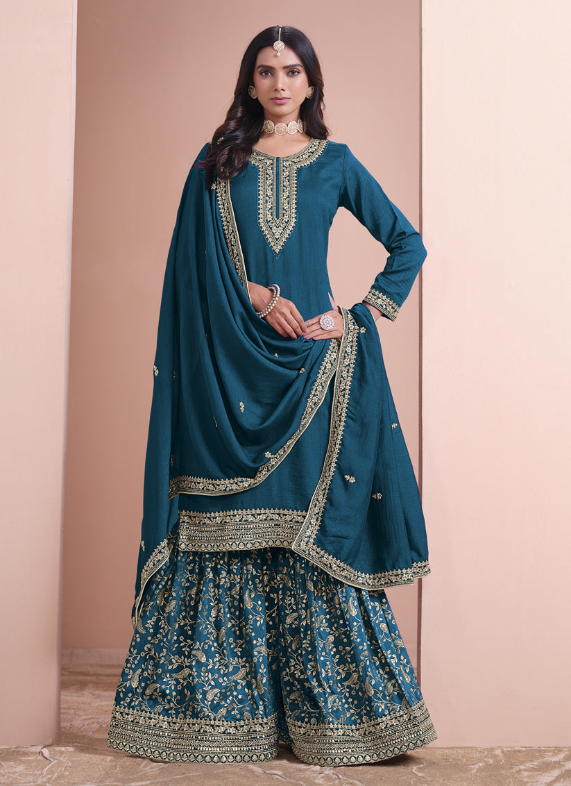 Peacock Art Silk Embroidered Palazzo Kameez