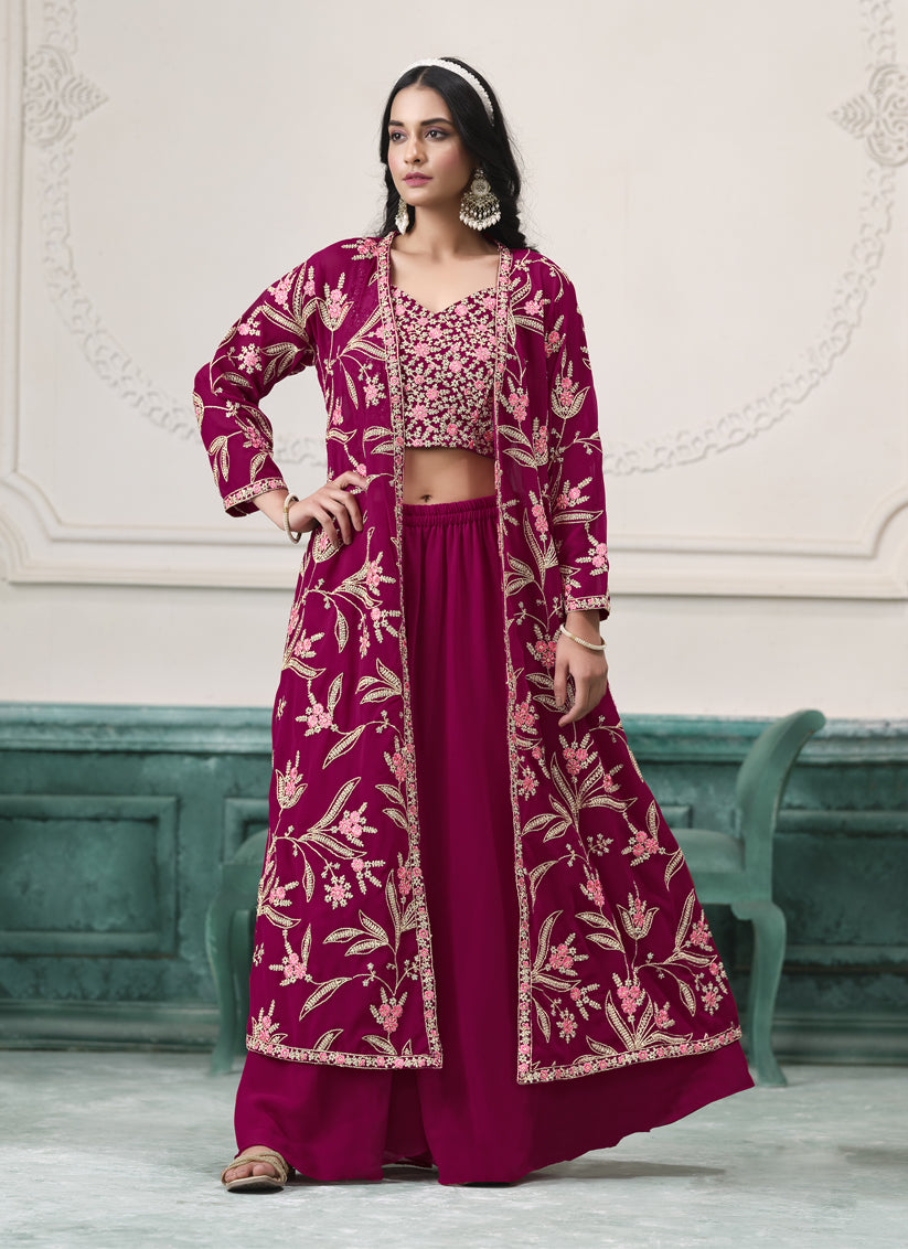 Magenta Faux Georgette Embroidered Readymade IndoWestern