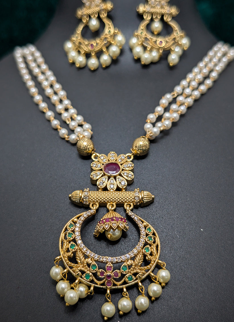 3 String Pearl and Stone Studded Necklace Set