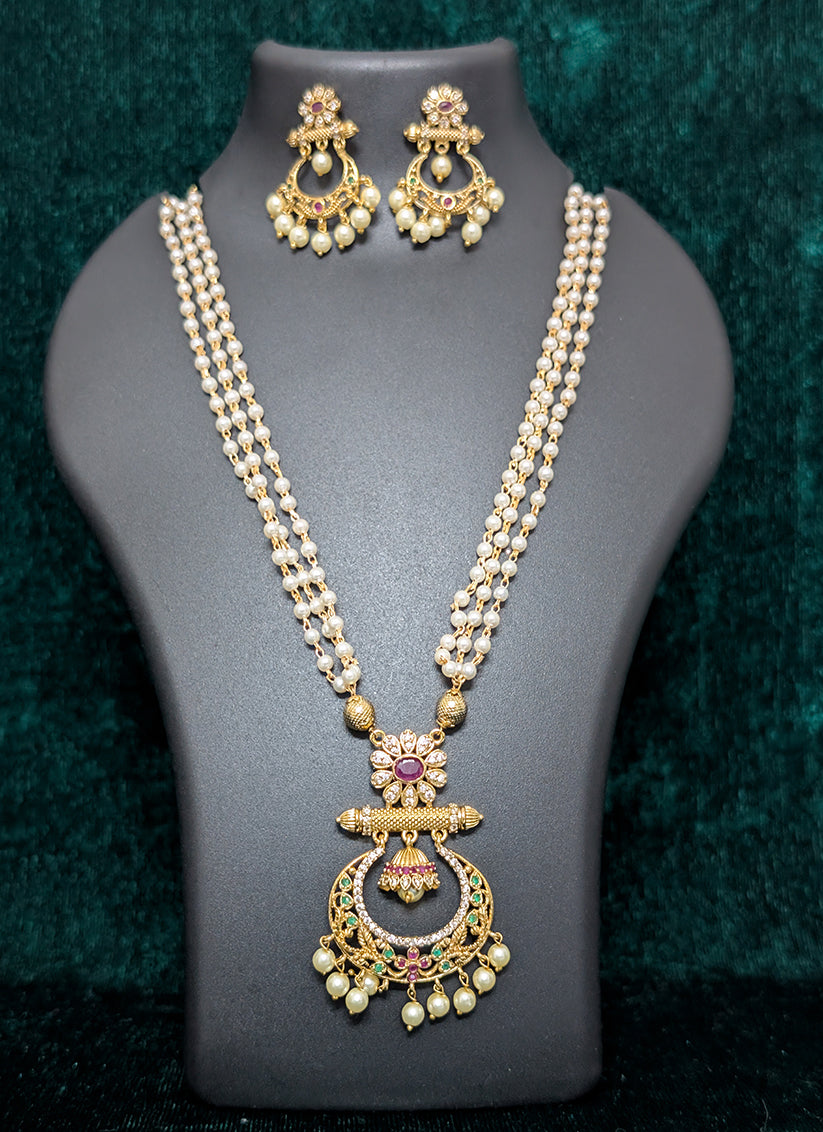 3 String Pearl and Stone Studded Necklace Set