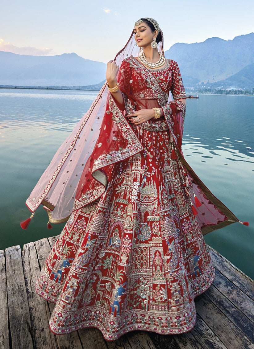 Hot Red Silk Embroidered Bridal Lehenga Choli