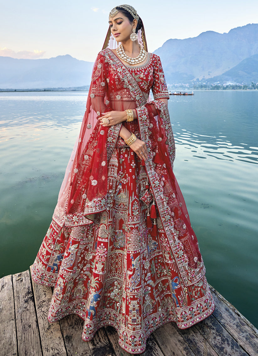 Hot Red Silk Embroidered Bridal Lehenga Choli