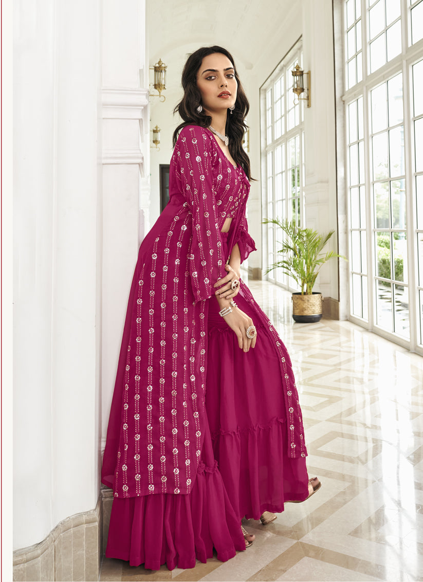 Magenta Faux Georgette Embroidered IndoWestern