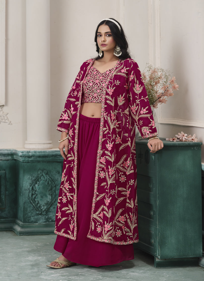 Magenta Faux Georgette Embroidered Readymade IndoWestern