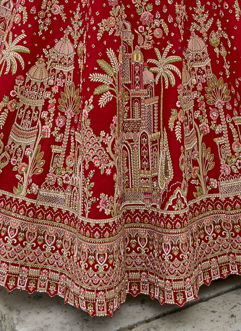 Hot Red Silk Embroidered Bridal Lehenga Choli