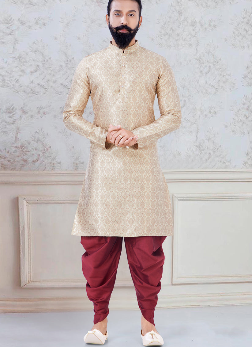 Beige Jacquard Mens Kurta Pyjama Set