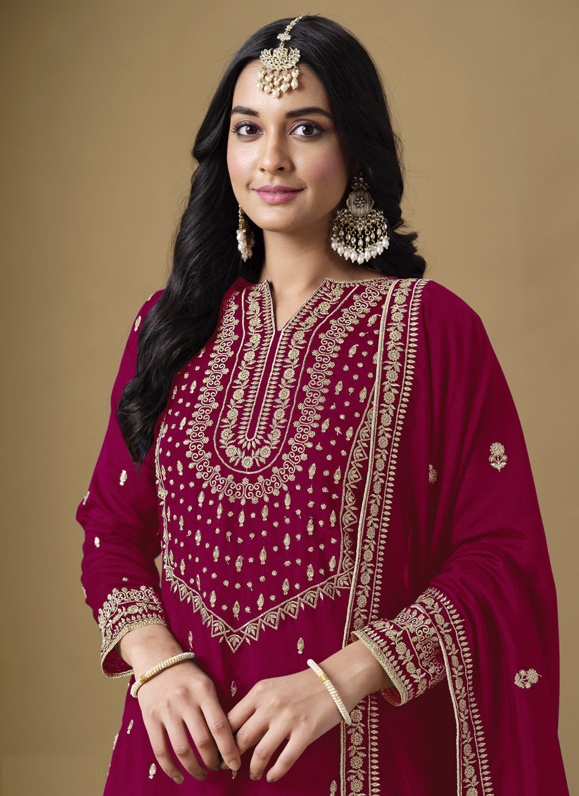 Magenta Art Silk Readymade Embroidered Sarara Kameez