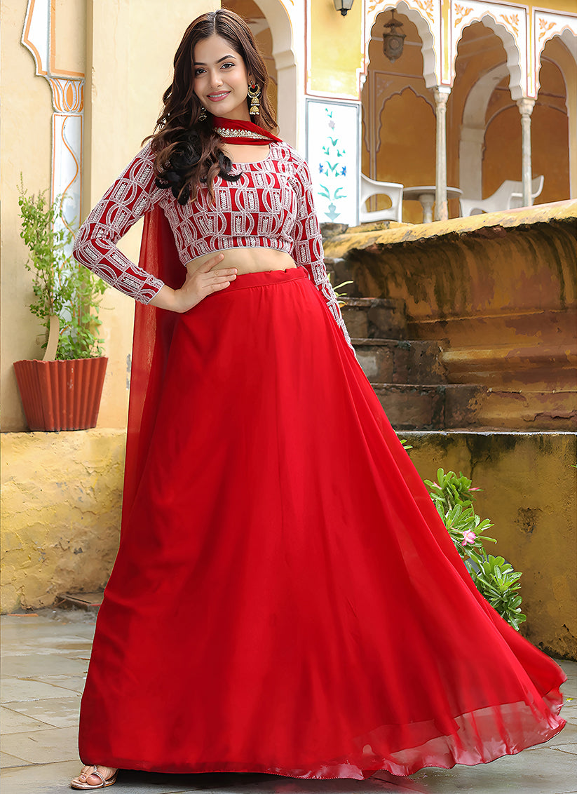 Red Heavy Lehenga Choli Set for Festival