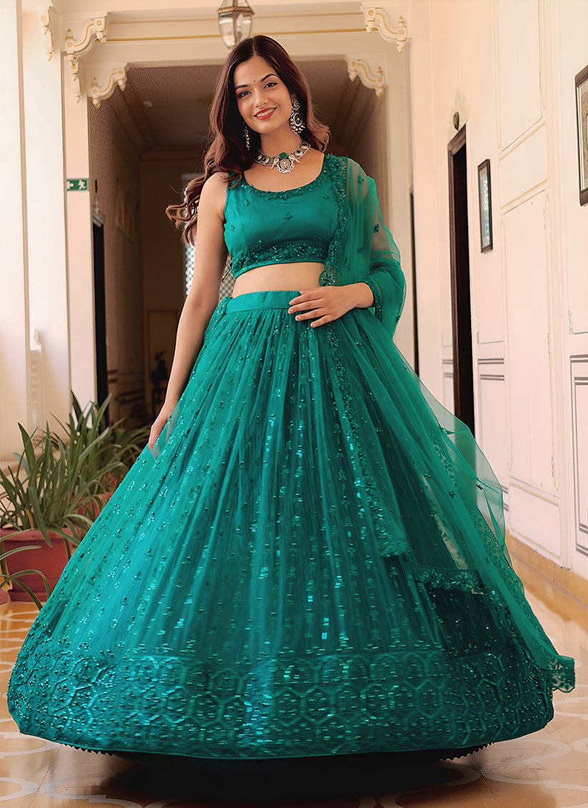 Teal Green Embroidered & Heavy Sequins Lehenga Choli Set
