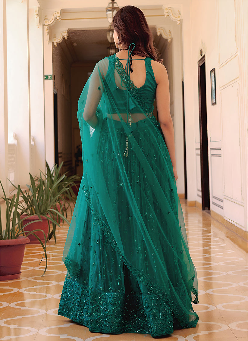 Teal Green Embroidered & Heavy Sequins Lehenga Choli Set