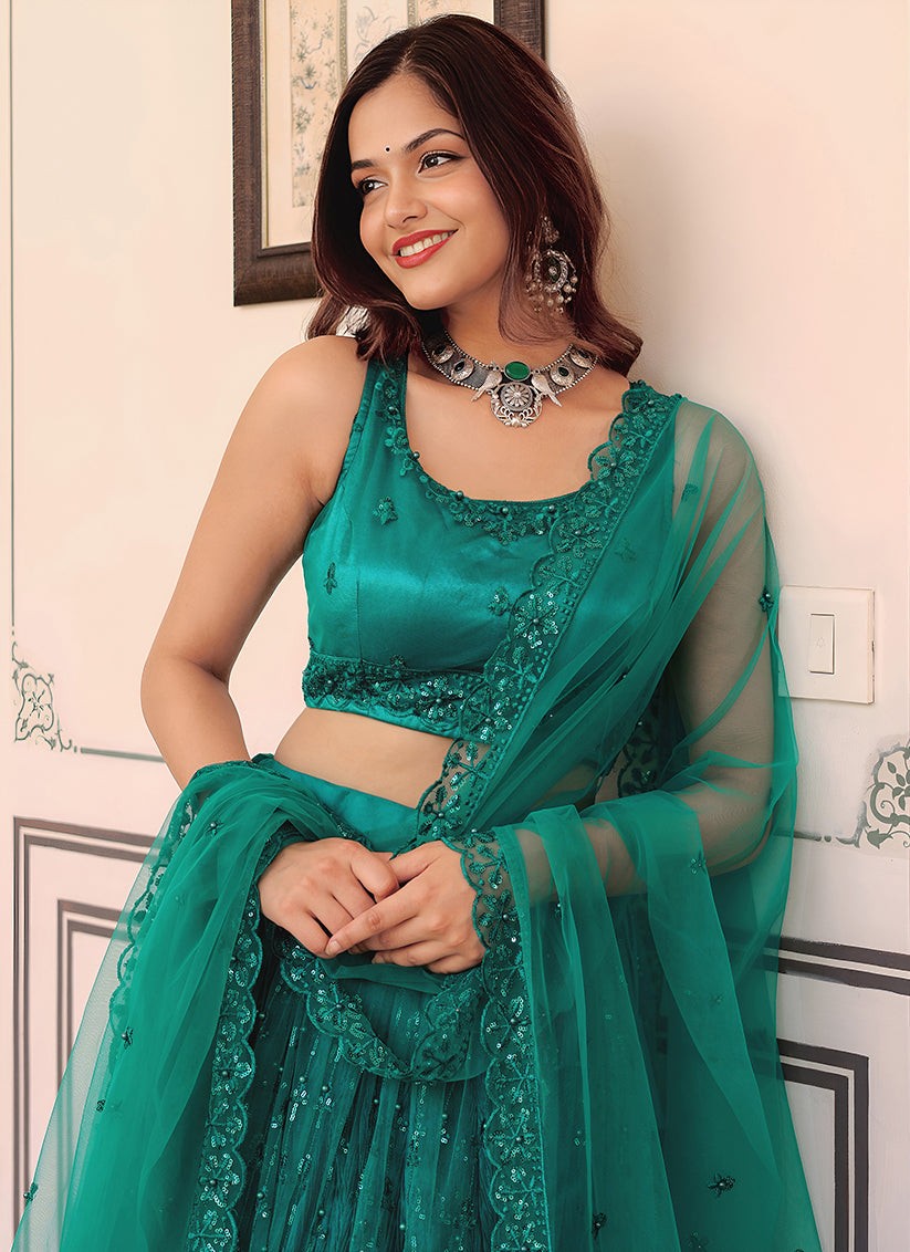 Teal Green Embroidered & Heavy Sequins Lehenga Choli Set