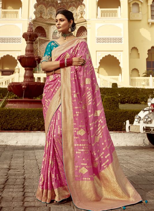 Cherry Pink Dola Silk Wedding Saree with Embroidered Blouse