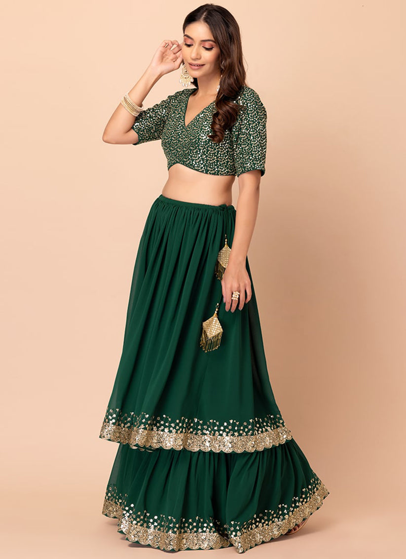 Bottle Green Georgette Sequins Work  Lehenga Choli