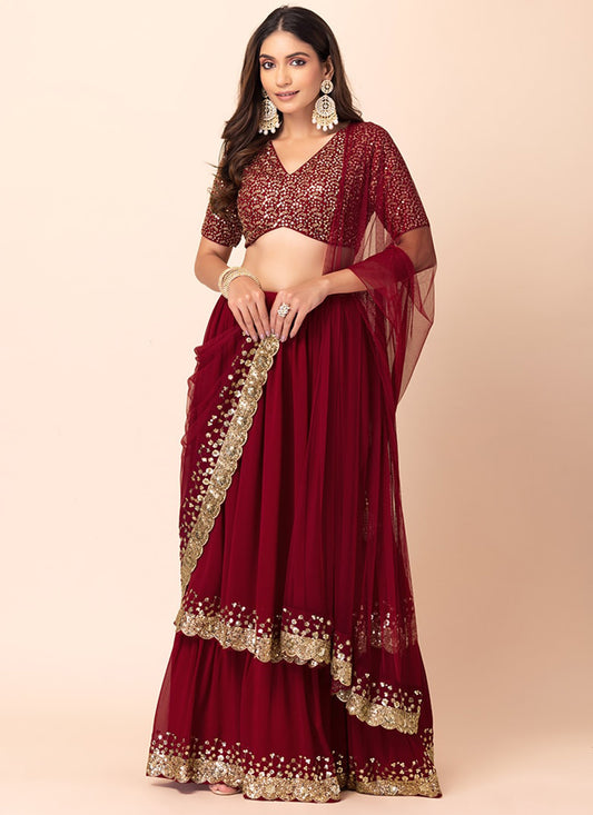 Berry Red Georgette  Sequins Work  Lehenga Choli