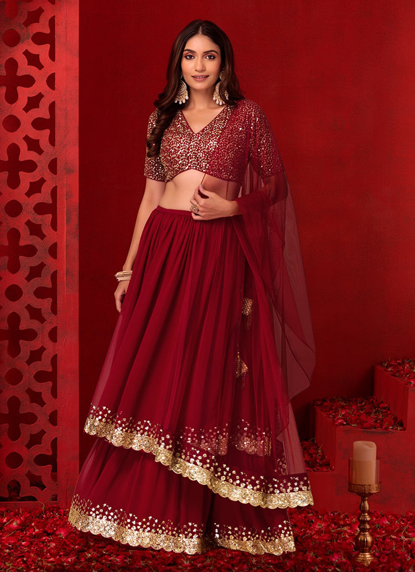 Berry Red Georgette Sequins Work Lehenga Choli
